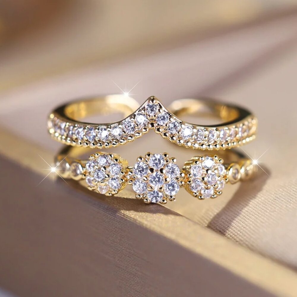 Elegant Gold and Silver Crystal Ring Set